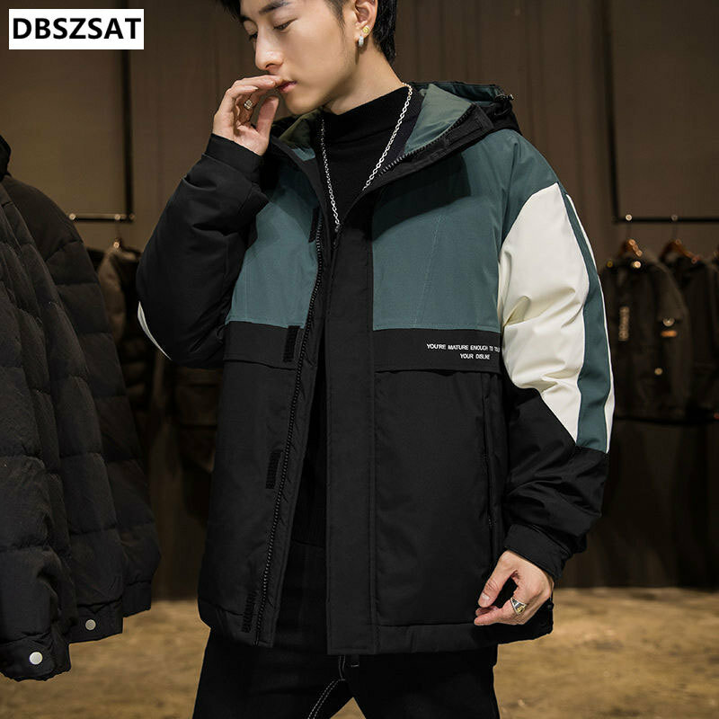 Kurtka puchowa męska 2023 koreańska wersja nowego trendu płaszcz z kapturem zimowa moda kontrastowa męska kurtki puchowa