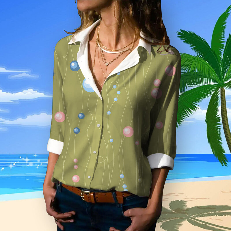 Trendy Summer Shirt Long Sleeves Hawaiian Shirt Spring Geometry Print Hawaiian Shirts Women Simple Office Lady Blouse Plus Size