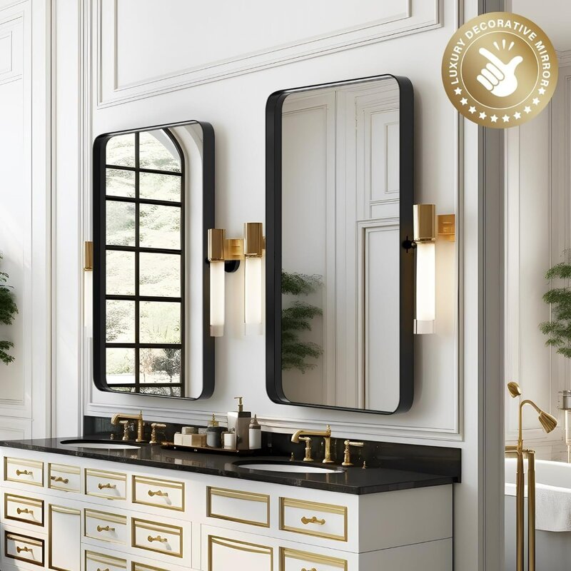 Cermin kamar mandi rias dapat diatur, cermin persegi panjang 24 "x 36" bahan baja tahan karat, cermin Matte bulat dengan sikat