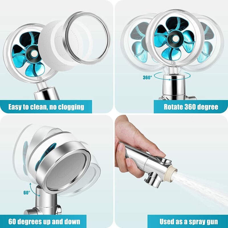 Propeller Shower Head High Pressure Water Saving Supercharged Turbo Shower with Fan Filter Rainfall Bathroom Handheld Showerhead