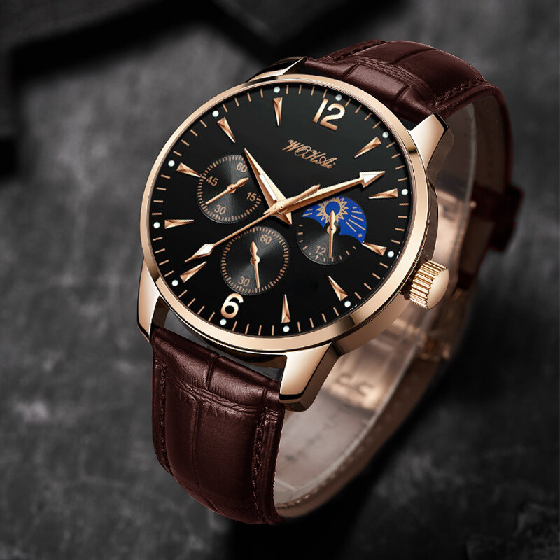 Brilho elegante no relógio de quartzo de couro escuro para homens e mulheres, popular, high-end