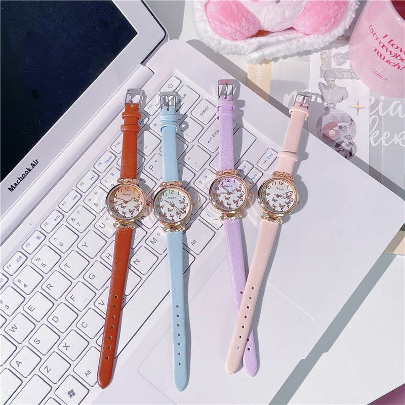 Japanese Girls' Gradient Color Watch Kawaii Butterfly Cartoon Quartz Waterproof Pointer Girls' Watch Casual Leather Clock Gift