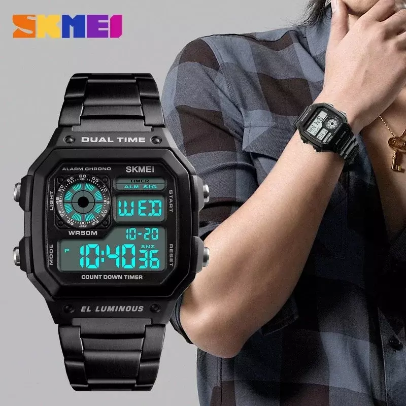SKMEI 1335 Stainless Steel Strap Digital Watch reloj hombre Sport Watch Men 5Bar Waterproof Watches