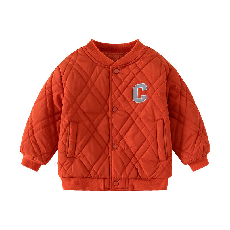 Mantel parka tipis anak laki-laki, jaket bisbol hangat lapisan bulu kasual musim dingin, huruf tambalan modis, atasan untuk anak-anak, usia 4-9