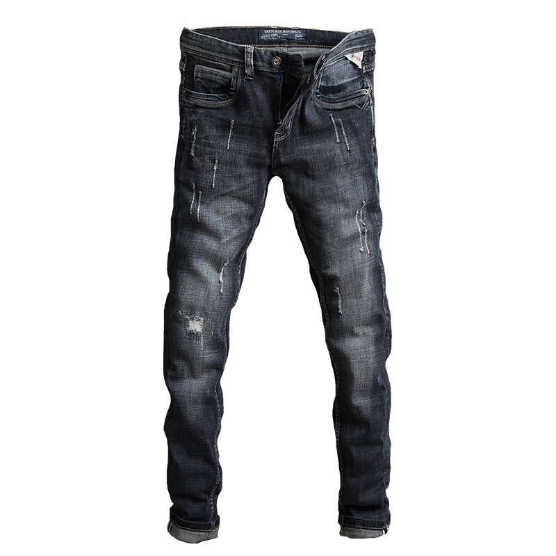 Italiaanse Stijl Mode Mannen Jeans Retro Blauw Elastische Slim Fit Verzwakte Ripped Jeans Mannen Vintage Designer Denim Broek Hombre