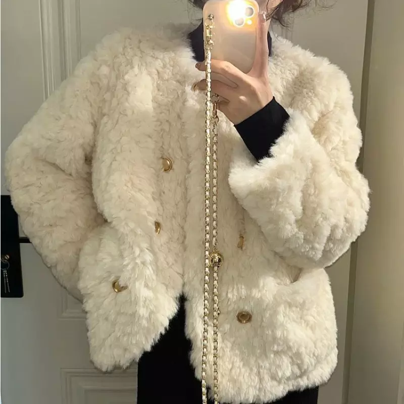 Xiaoxiangfeng-Casaco de pele de cordeiro para mulheres, casaco grosso solto, top de algodão falso, branco, pequeno, novo, inverno, 2022