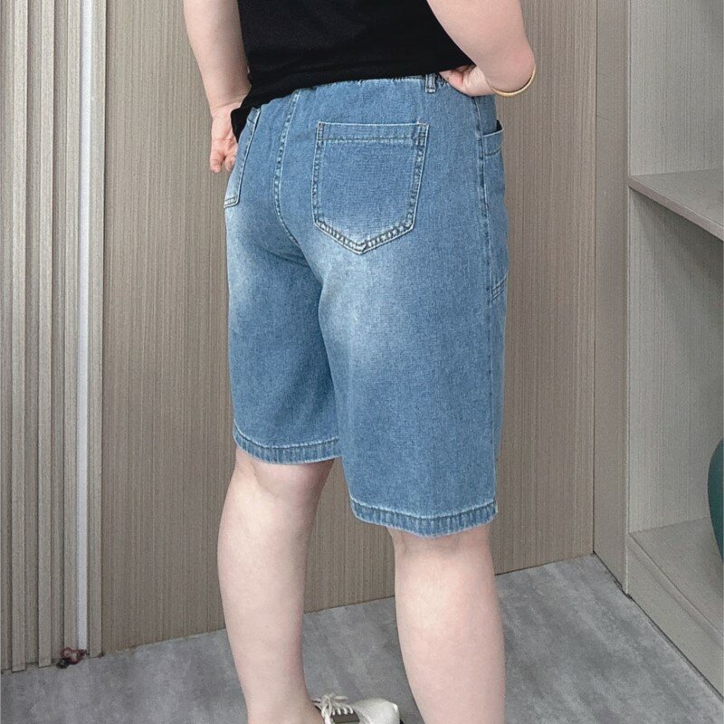 กางเกงยีนส์ขาตรงยาวถึงเข่าผ้ายืดของผู้หญิงกางเกงขาสั้นลำลองขาบานทรงหลวมใหม่สำหรับฤดูร้อนของ2024