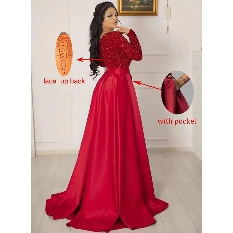 Long Sleeve Sequin Prom Dresses Satin Ball Gown Slit V Neck Formal Evening Gowns with Pockets