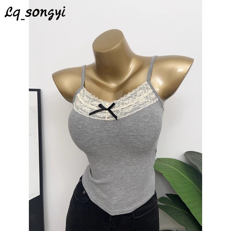 Lq_songyi-camisola ajustada de encaje para mujer, Tops sin mangas con tirantes finos, Camiseta básica para mujer, camisola de color liso