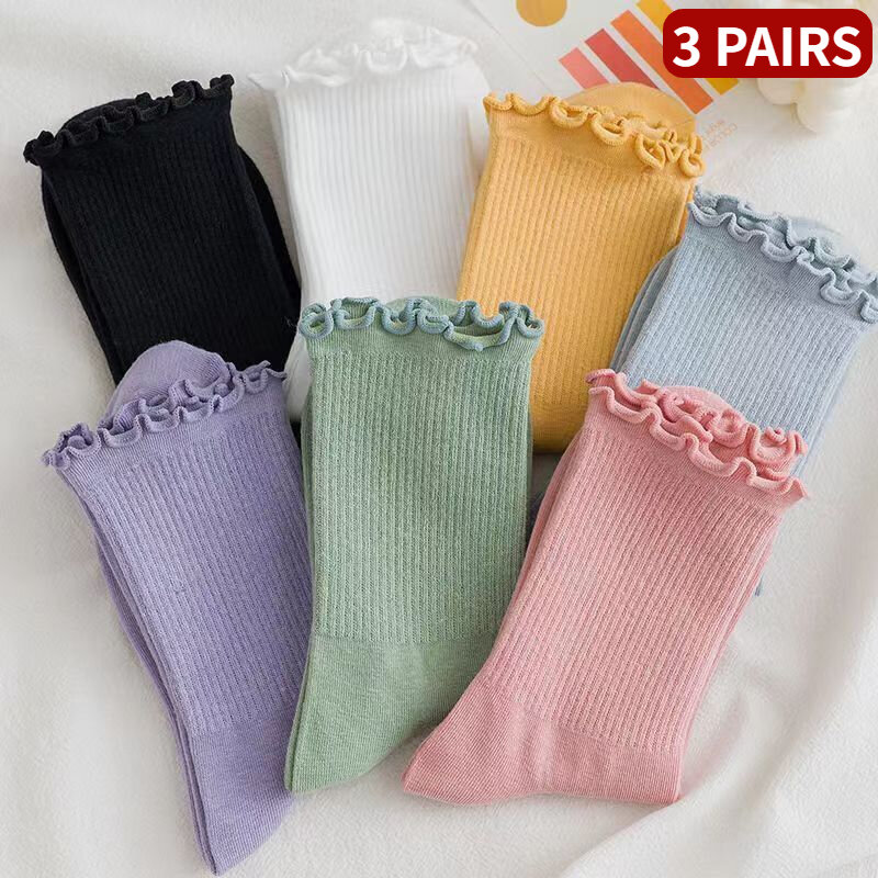 New High Quality 3 Pairs Women Ruffle Lace Cute Socks Polyester Cotton Loose Knitting Solid Color Long Breathable Mid Tube Sock