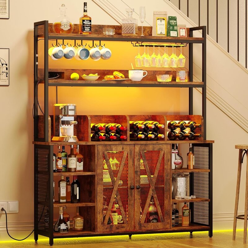 IRONCK-armario de barra de café con toma de corriente, gabinete de Buffet Industrial con tira LED y soporte de vidrio, armario de licor de 3 niveles