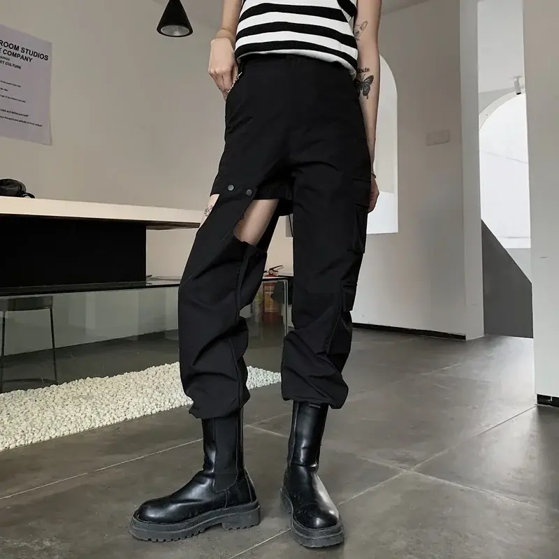 Frauen Streetwear Cargo hose schwarz Herbst koreanischen Stil Tasche Patchwork weiblich lose Mode hohe Taille Haren Hosen Frauen
