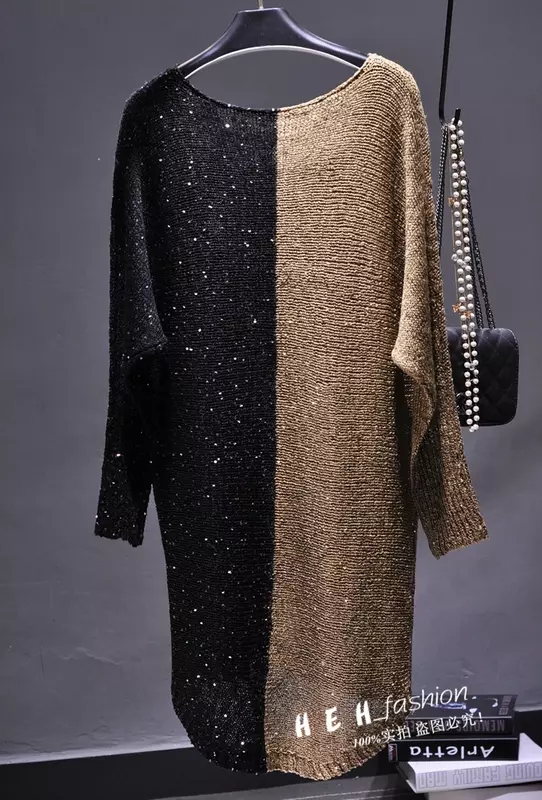 Suéter vintage de lantejoulas feminino, suéter longo solto, suéter de emenda, moda europeia e americana, suéteres de inverno