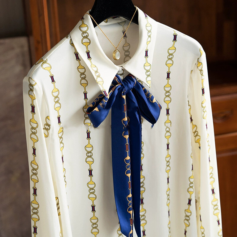 Camisa de solapa de seda de morera de alta calidad para mujer, cinta impresa de cadena de temperamento, camisa de seda de Color contrastante, elegante Y2k