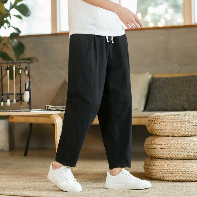 Men Solid Color Trousers Men's Loose Straight Drawstring Ninth Pants with Elastic Waist Pockets Solid Color Breathable for Daily