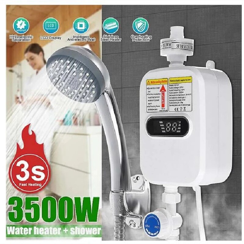 Pemanas air instan steker keran kamar mandi, pemanas air panas 3500W tampilan Digital untuk rumah negara