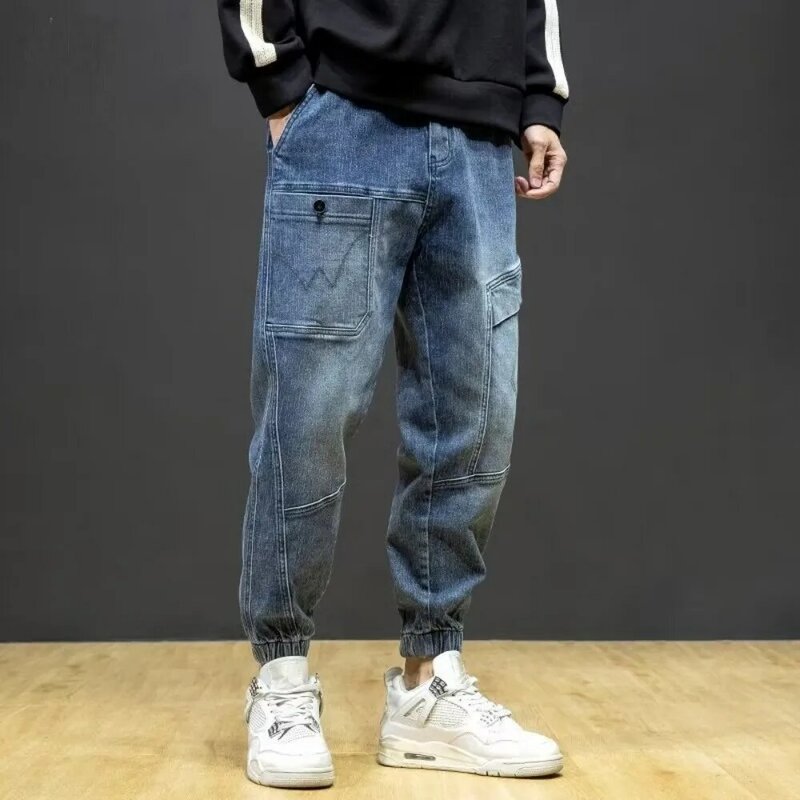 Jeans de cintura elástica masculino, punhos encolhíveis, jeans casual, multi bolsos, jeans hip-hop, calças de corrida, streetwear