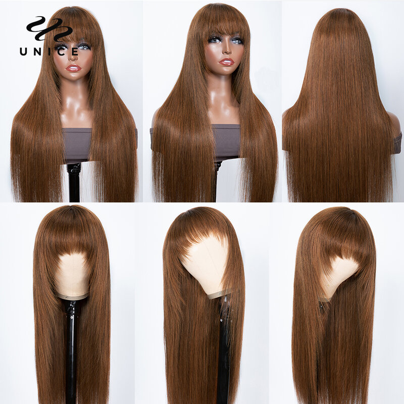 Unice kolor włosów 4 jasnobrązowe proste włosy ludzkie peruki z Bang Machine wykonane bezklejowe peruki ludzkie włosy niedrogie włosy peruki
