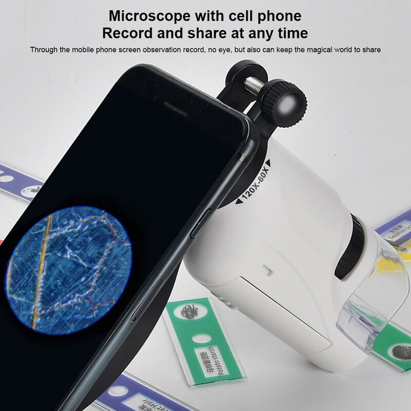 미니 포켓 현미경 키트, LED 조명, 배터리 구동 현미경, 어린이 과학 현미경, 60-120x