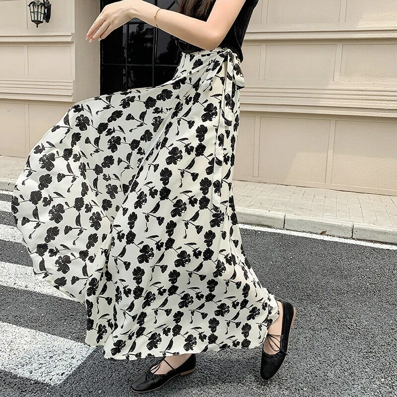 Wrap One-Piece Skirts Women Floral Printed Chiffon Skirts Spring Summer with Liner Holiday Long Skirts High Waist Saias Mujer