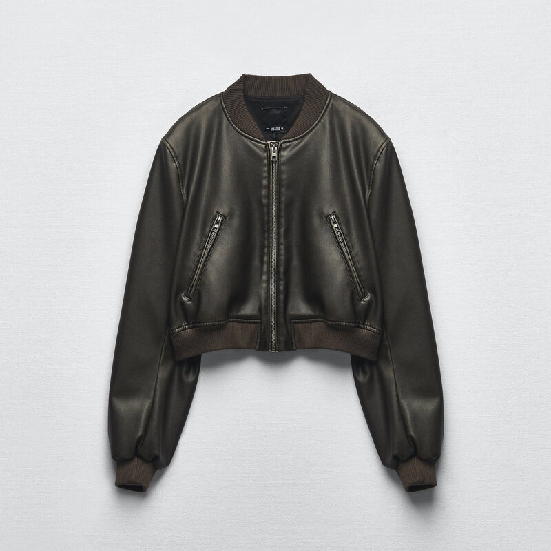 2024 Ladies New Leather Street Fashion Short Slim Stand Collar moto Pu Leather Jacket