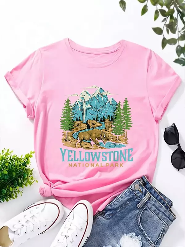 Camiseta Y2k de manga curta do parque nacional das mulheres, urso bisão americano, camiseta estampada com letra vintage, gola redonda, blusa casual confortável