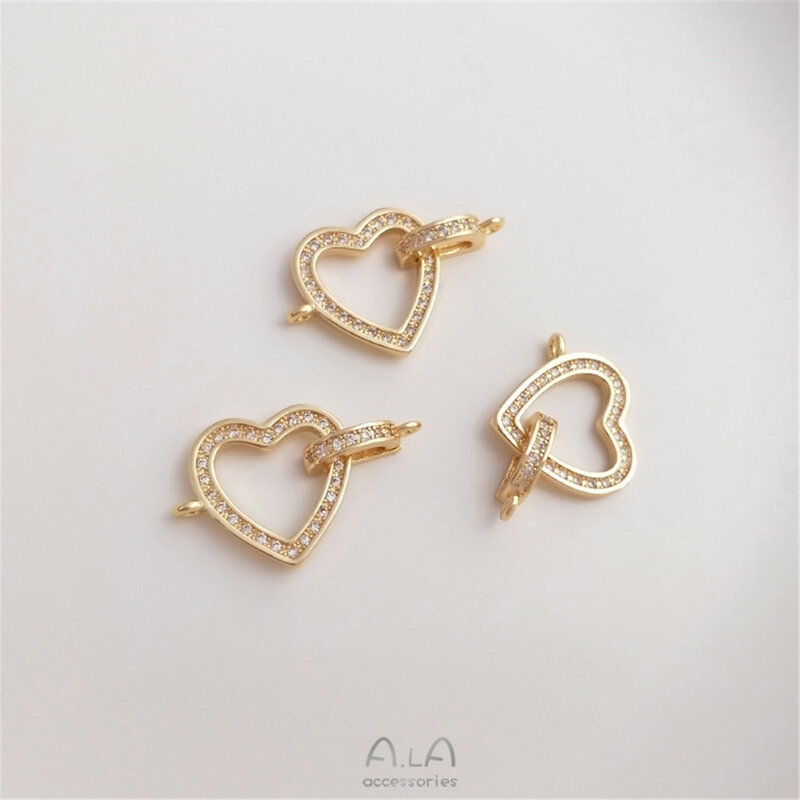 Bijoux en forme de cœur de pêche, Micro incrusté d'or 14 carats, Perle en forme de cœur, Double pendentif, DIY Connecting Structure