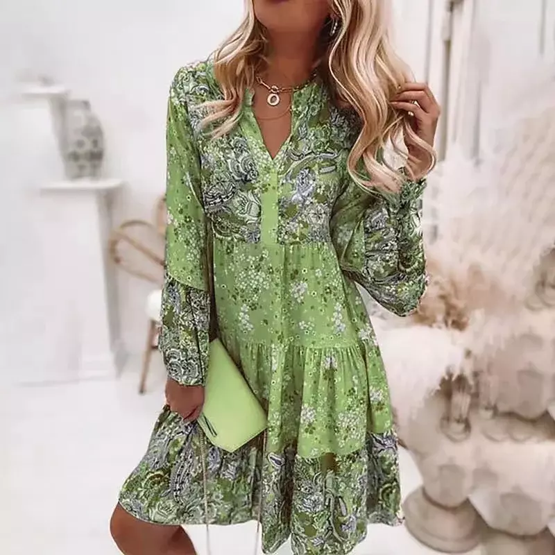 New Floral Dress for Women 2024 Summer Oversize Elegant Long Sleeve Casual Dresses Female Loose Bohemian Beach Holiday Dresse