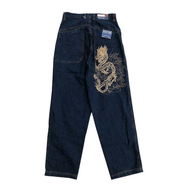 American Harajuku street youth Chinese dragon embroidered jeans for men and women loose large size washed y2k straight jeans