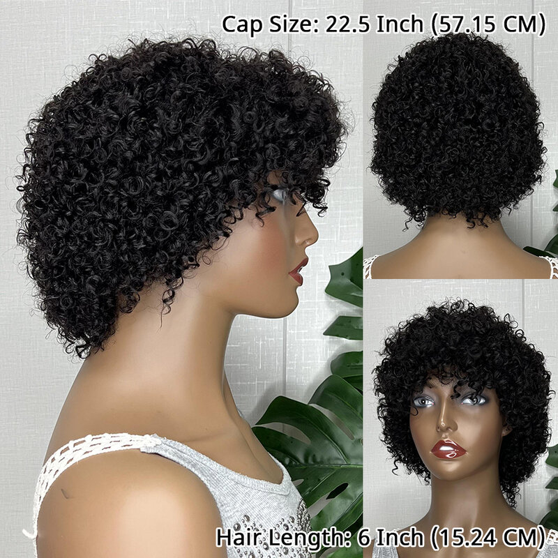 Pelucas de cabello humano rizado para mujer, pelo Remy malayo de Color negro, corte Pixie corto, hecho a máquina, sin pegamento, 180% de densidad