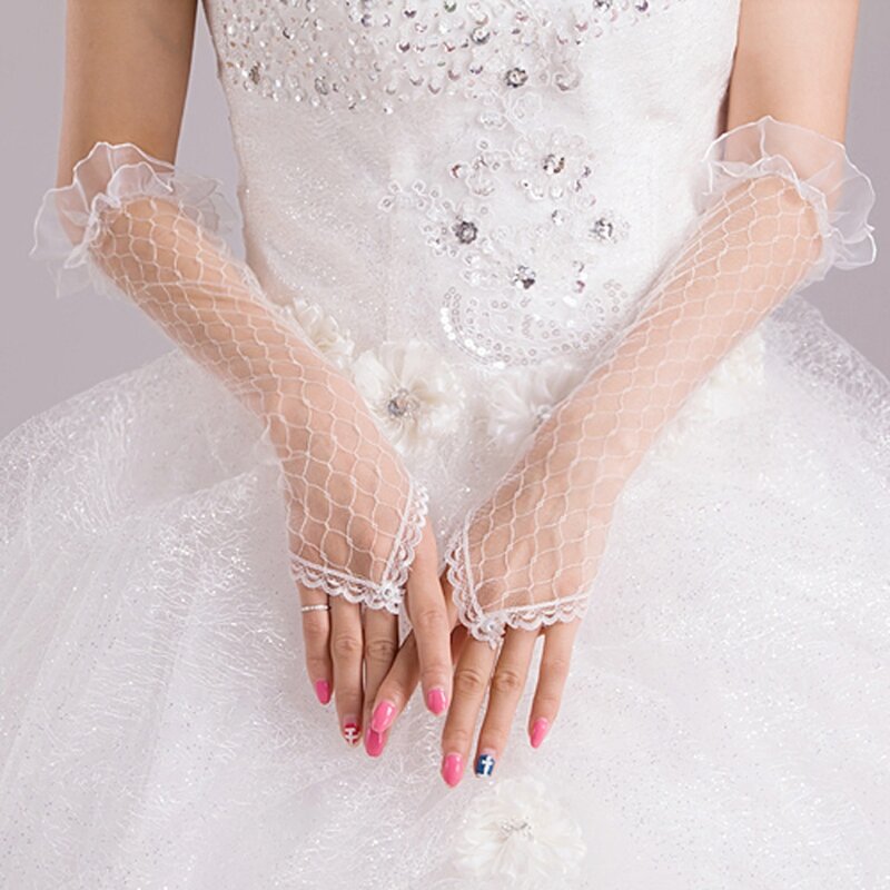 للمرأة دانتيل شبكة قفازات الزفاف بدون أصابع طول الكوع قفازات طويلة زفاف حفلة أنيقة فستان العروس اكسسوارات بيضاء جميلة