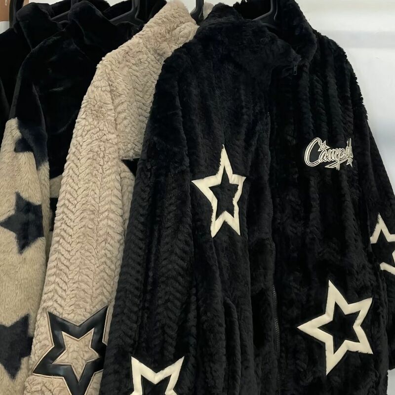 Lambswool Star Embroidered Lamb Fleece Coat Women'S Fashion Lazy Couple Cotton Coat 2023 New