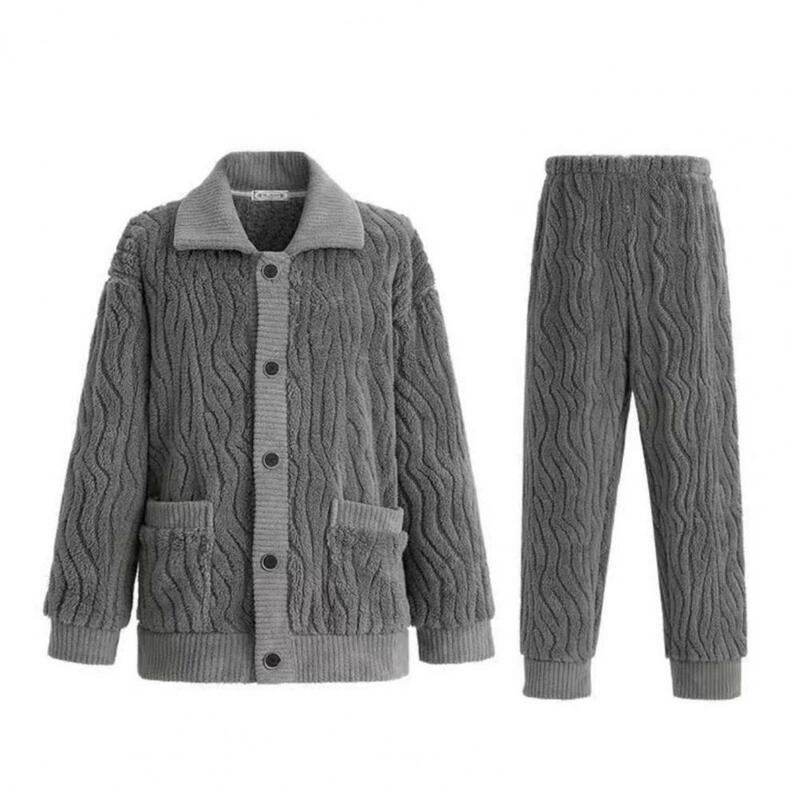 남성용 겨울 잠옷 세트, 두꺼운 플러시 싱글 브레스트 라펠, 긴팔 따뜻한 홈웨어 코트 세트, 워터 웨이브 남성용 잠옷, 2 개/세트