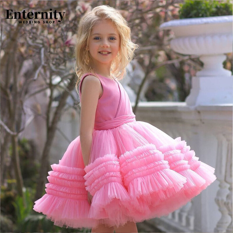 Cute Girl O Neck Ball Gown Wedding Party Dress Sleeveless Ruched Birthday Party Knee Length Gown First Communion Dress