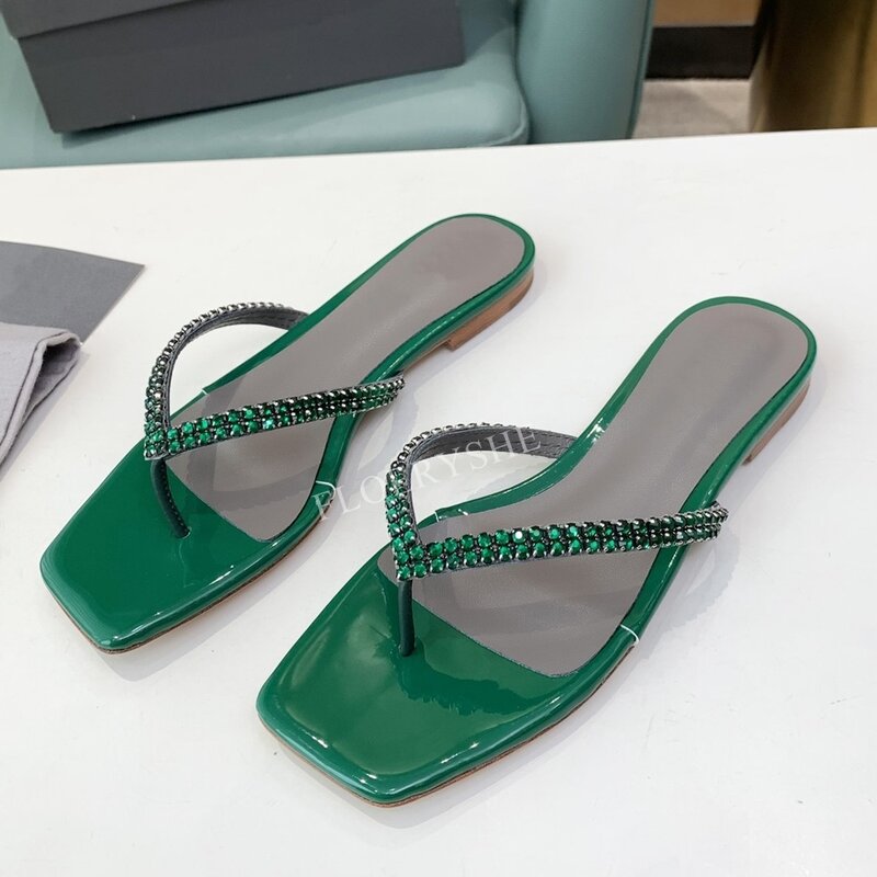 2024 sandal datar berlian imitasi biru berita musim panas wanita ujung persegi nyaman pesta sandal mewah sandal luar sepatu gratis ongkos kirim
