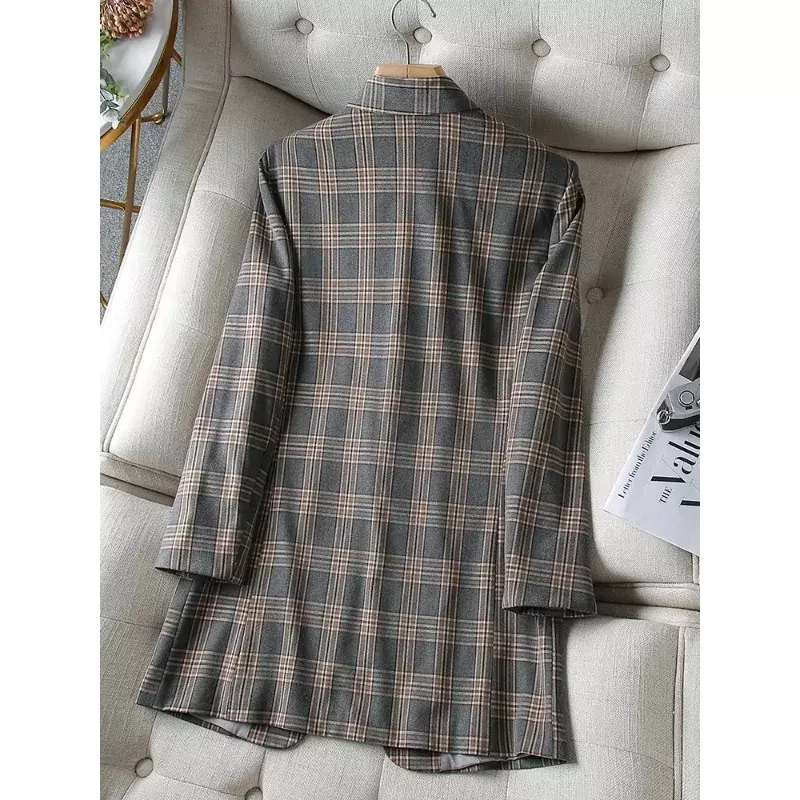 Blazer informal a cuadros para mujer, chaqueta holgada de manga larga con botonadura única, ropa de trabajo para oficina, color gris café