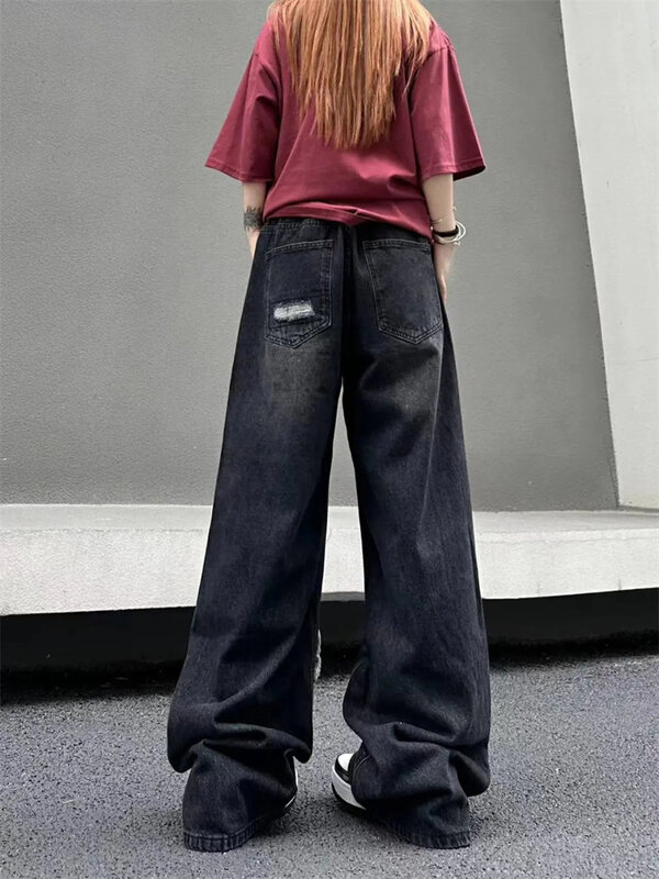 Nowy amerykański główna ulica projekt tłumu dżinsy z dziurami kobiet letnie spodnie Retro z wysokim stanem luźne spodnie z szerokimi nogawkami