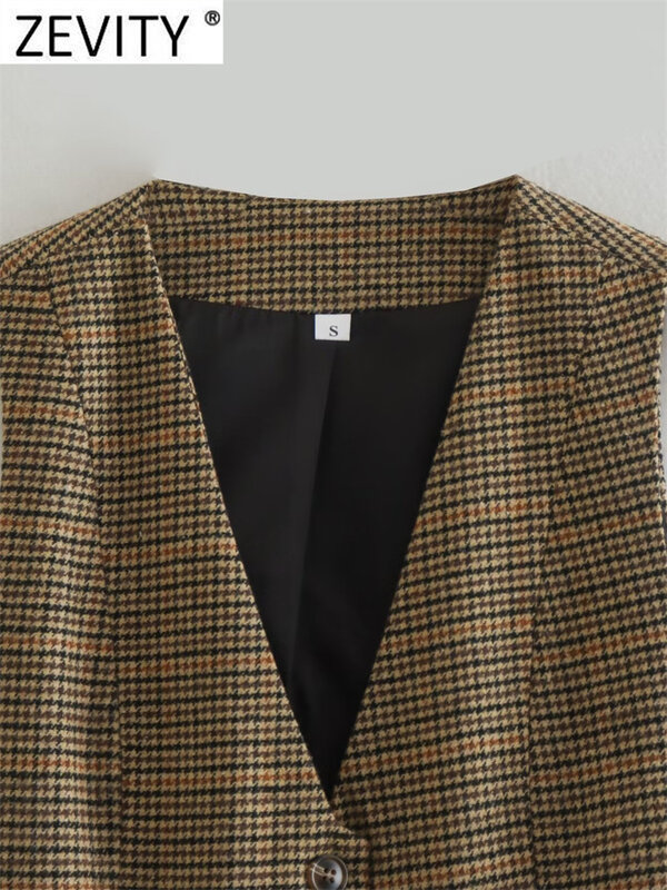 Zevity New Women Vintage V Neck Houndstooth Print Breasted Slim Short Vest Jacket Ladies Sleeveless Casual WaistCoat Tops CT3053