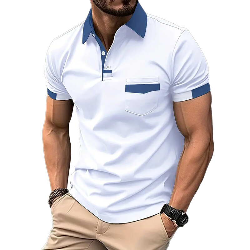 Mode All-Match Contrastkleur Heren T-Shirt Zomer Business Office Casual Polo-Hals Gesplitste Tops Mannelijke Kleding
