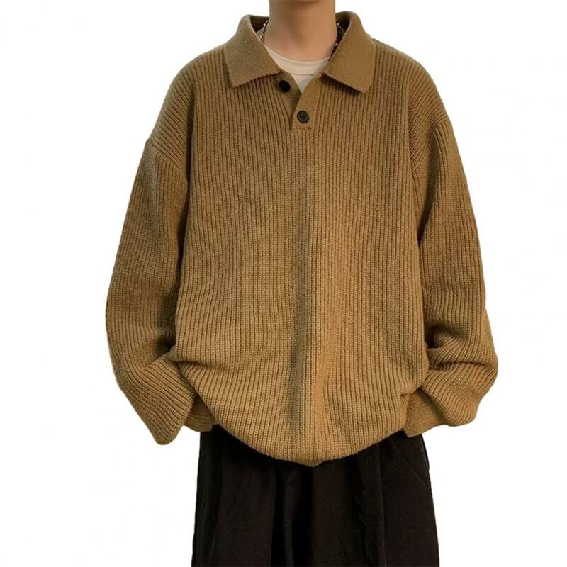 Camisola solta masculina com botões de lapela, decote, manga comprida, tops de tricô, cor sólida, malha quente, outono, inverno