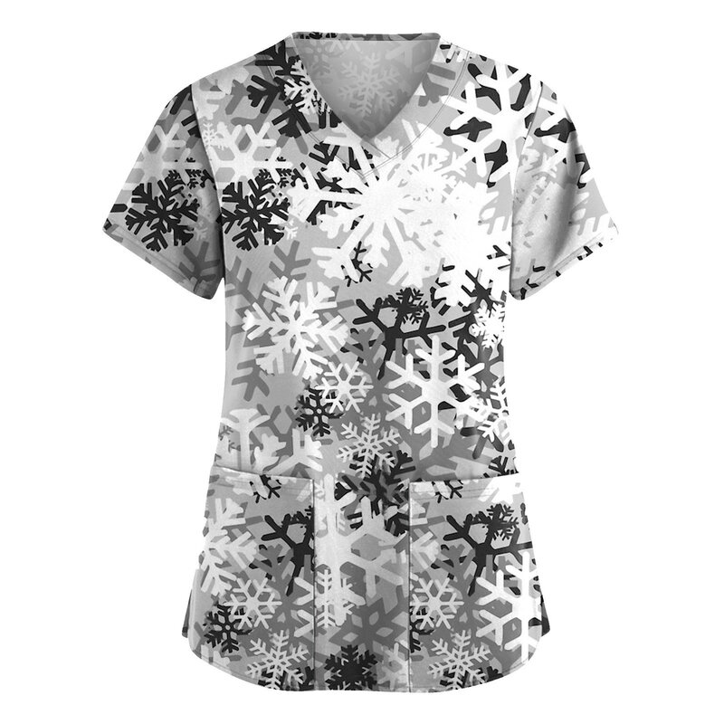 Atasan seragam kerja wanita, Scrub seragam Wanita Mode Selamat Natal cetak lengan pendek leher V baju kerja blus Salon kecantikan pakaian kerja klinik