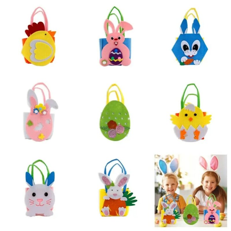 Bolsa de feltro artesanal dos desenhos animados das crianças, bolsa de doces colorida DIY, favores do feliz dia de Páscoa
