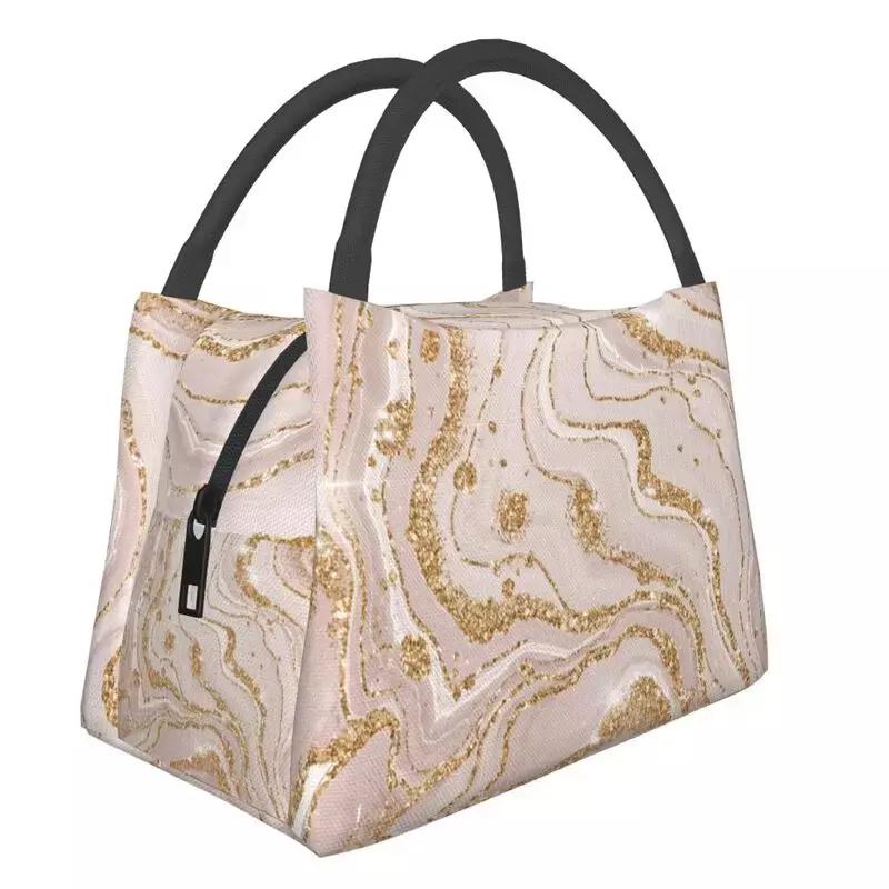 Gold und Creme Marmor Muster wärme isolierte Lunch-Taschen Frauen geometrischen Druck tragbare Lunch-Tasche Multifunktions-Mahlzeit Food-Box