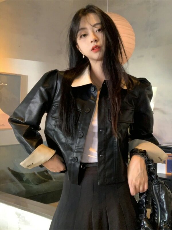Preto coreano cortado jaqueta de couro feminina fino moda bolsos moto motociclista jaqueta feminina inverno casual vintage outerwear chique topo
