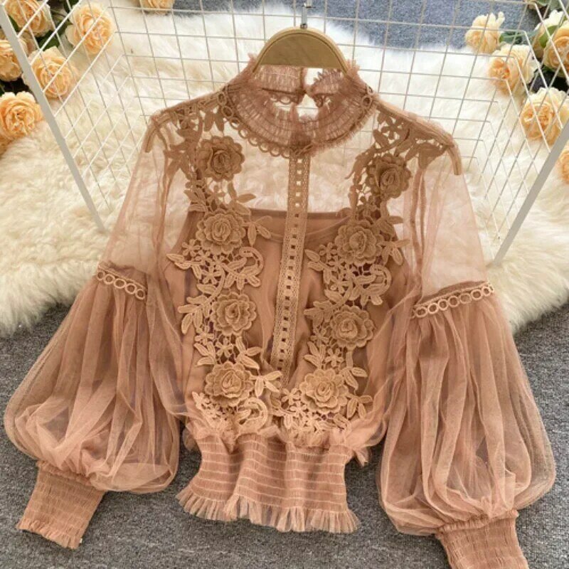Lace Puff Long Sleeve Blouse Vintage Fashion Blouses Elegant Femme Blusas Korean Woman Tops Women Shirts Clothing Dropshipping