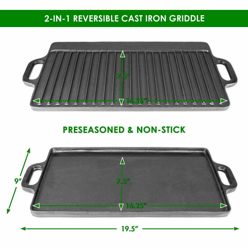 2-in-1 Reversible & Preseasoned 19.5” x 9” Cast Iron Griddle