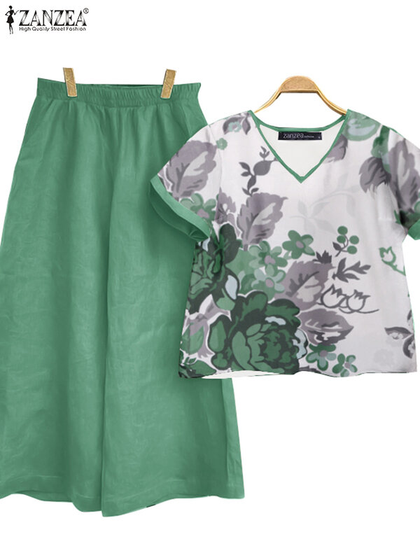 ZANZEA-Conjunto de pantalones y Blusa de manga corta para mujer, traje de 2 piezas con estampado floral, de pierna ancha, para verano, 2024