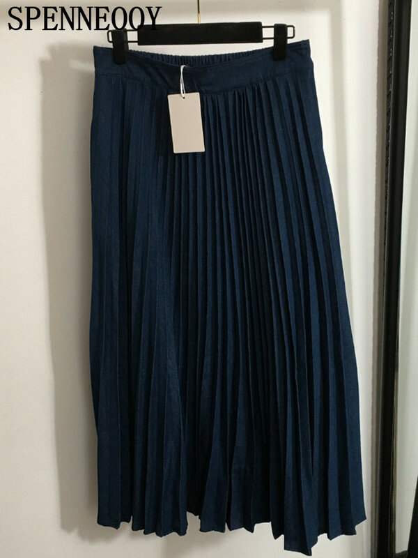 SPENNEOOY Fashion Runway Summer Dark Blue Color Elegant Midi Skirt Women's Solid Color Slim A-Line Pleated Long Skirt