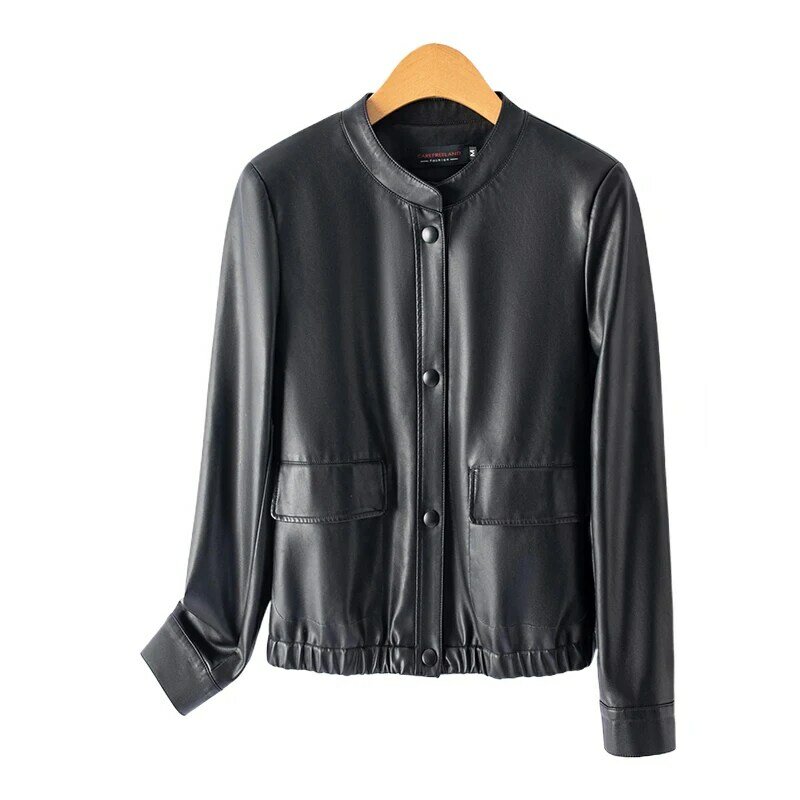 여성용 용수철 100% 재킷, 한국 싱글 브레스트, 스탠드 칼라, 진짜 가죽 코트, 블랙, 신상