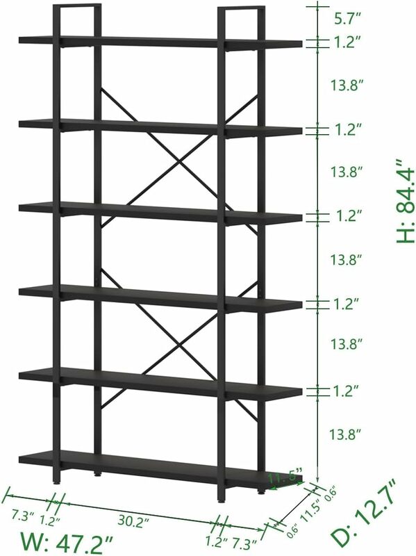 HSH 6 Tier Tall Black Bookshelf, Modern Large Storage Book Shelves & Display Book Shelf,Industrial Open Vertical Metal and Wood